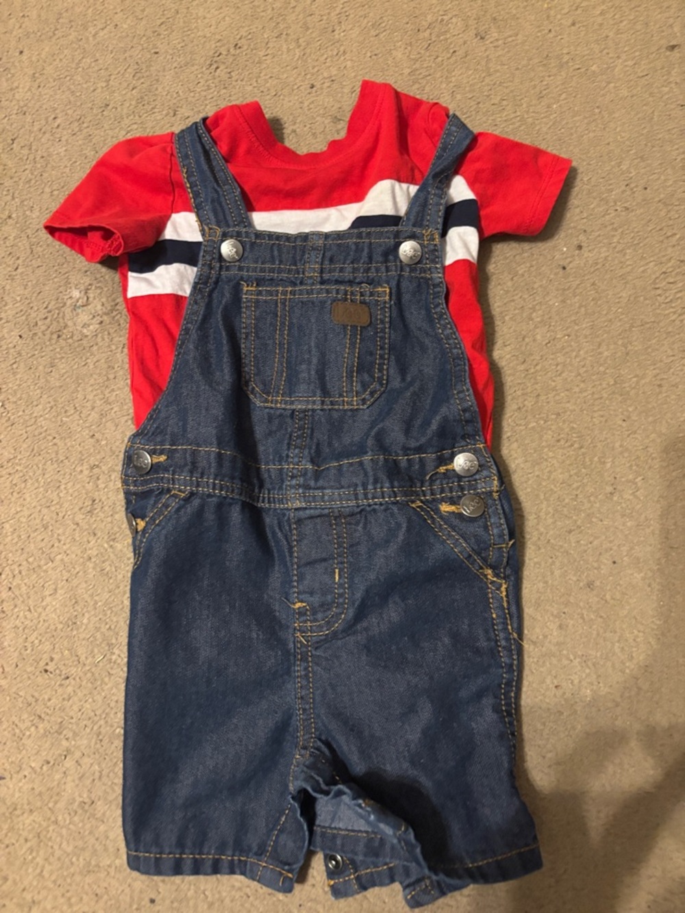 5 for $25 Lee Denim Short Overalls with Red, White & Navy Stripe Tee